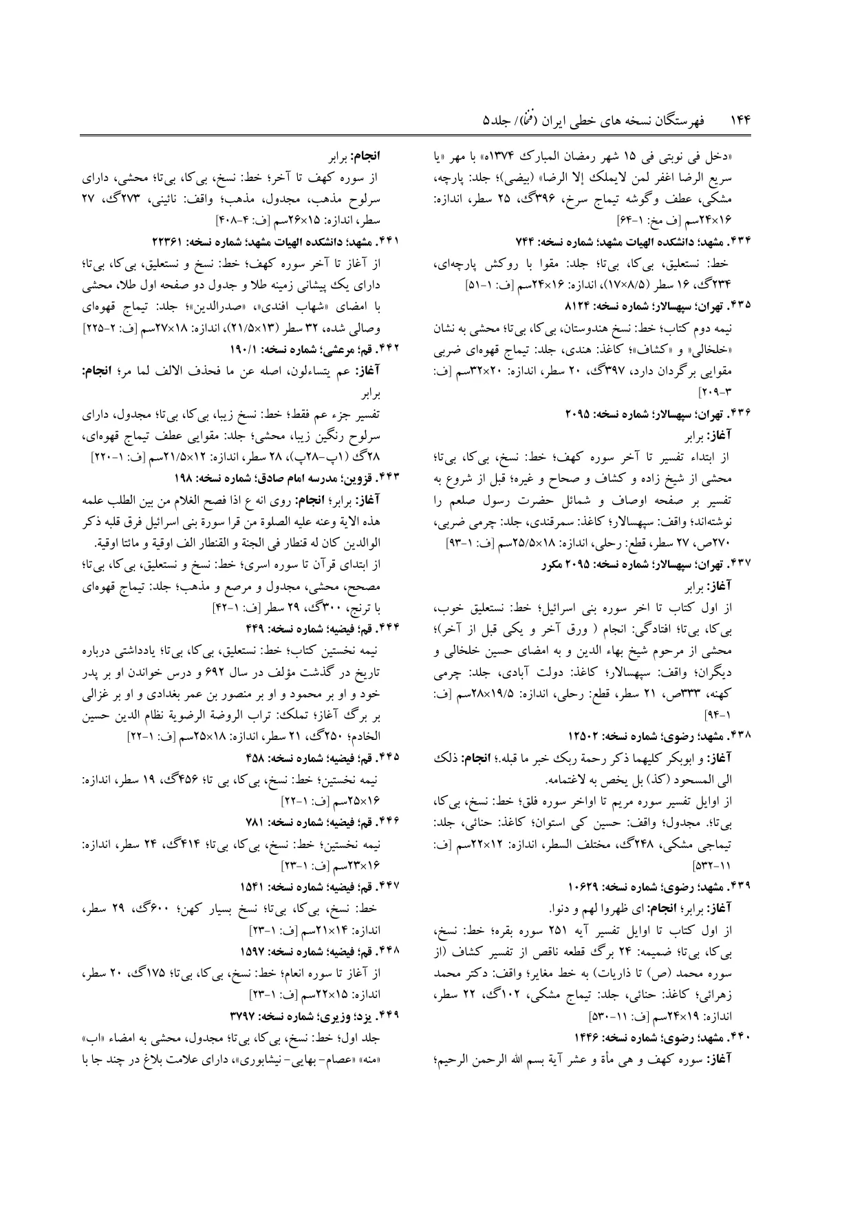 برگه‌ی ج ۵، ص ۱۴۴، ردیف ۴۴۳ در فنخا